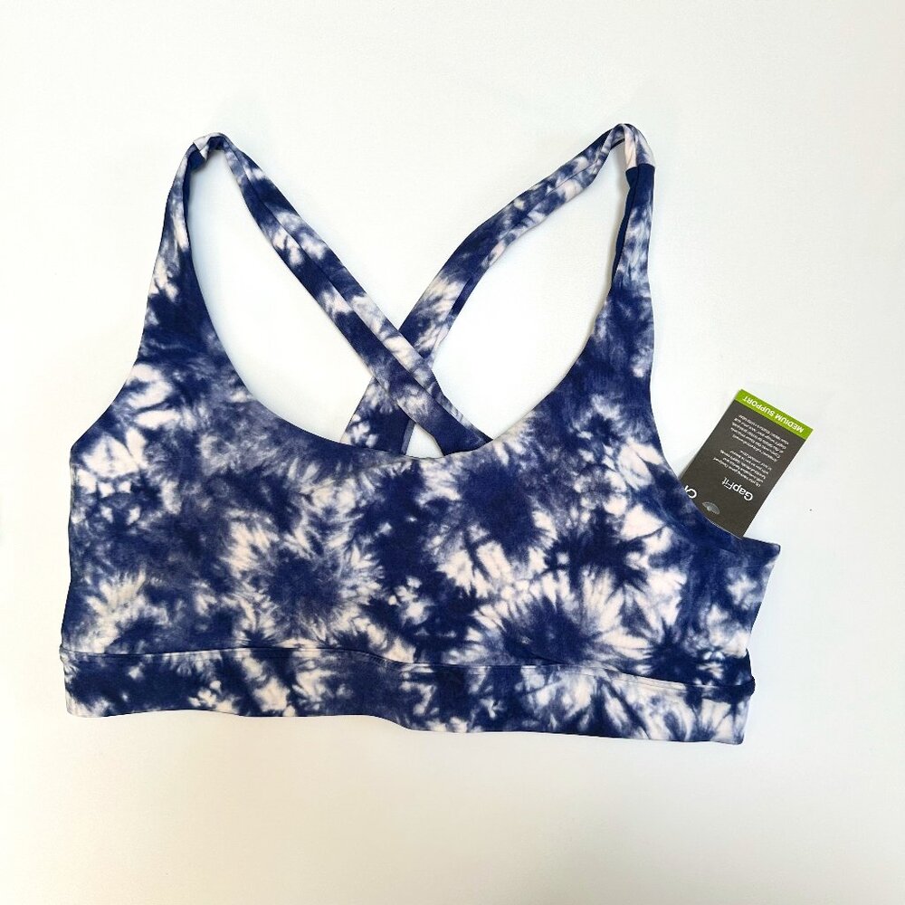 NWT GapFit Medium Support Blue/White Tie Dye Sports Bra - Size L